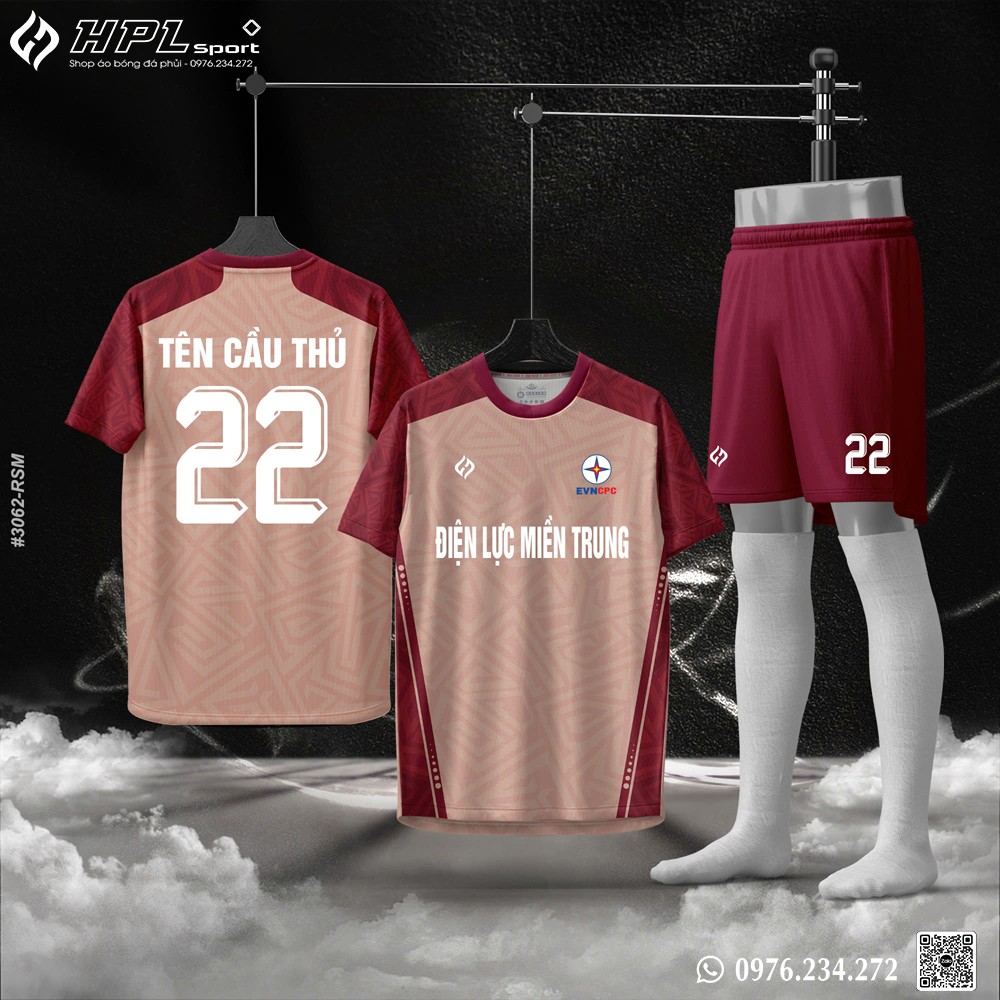 Áo bóng đá Điện Lực Miền Trung màu be sáng đỏ bordeaux