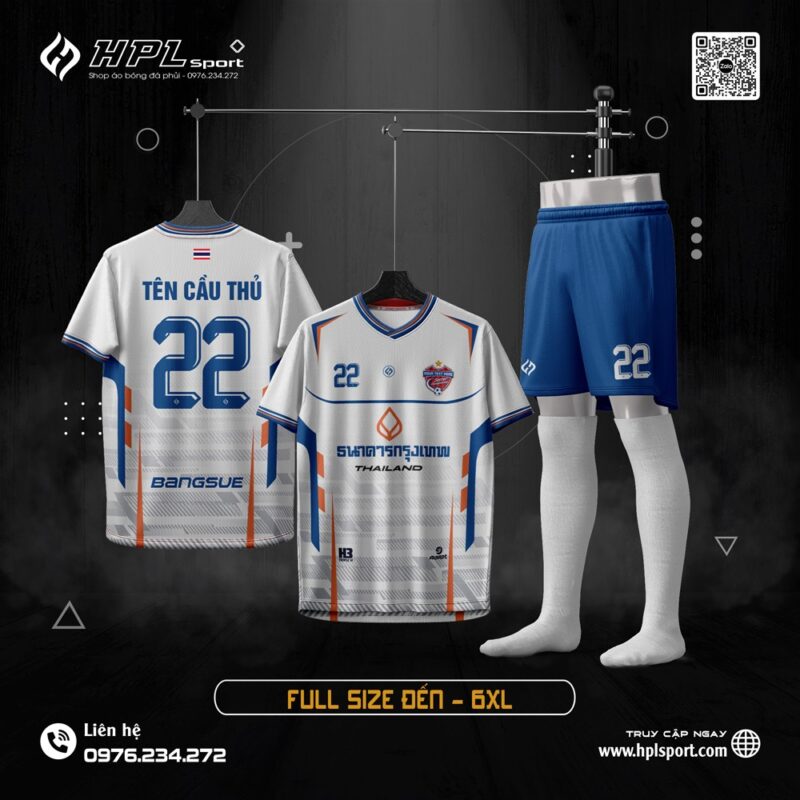 Đồng phục đá bóng trắng phối xanh cam - hiện đại và cá tính