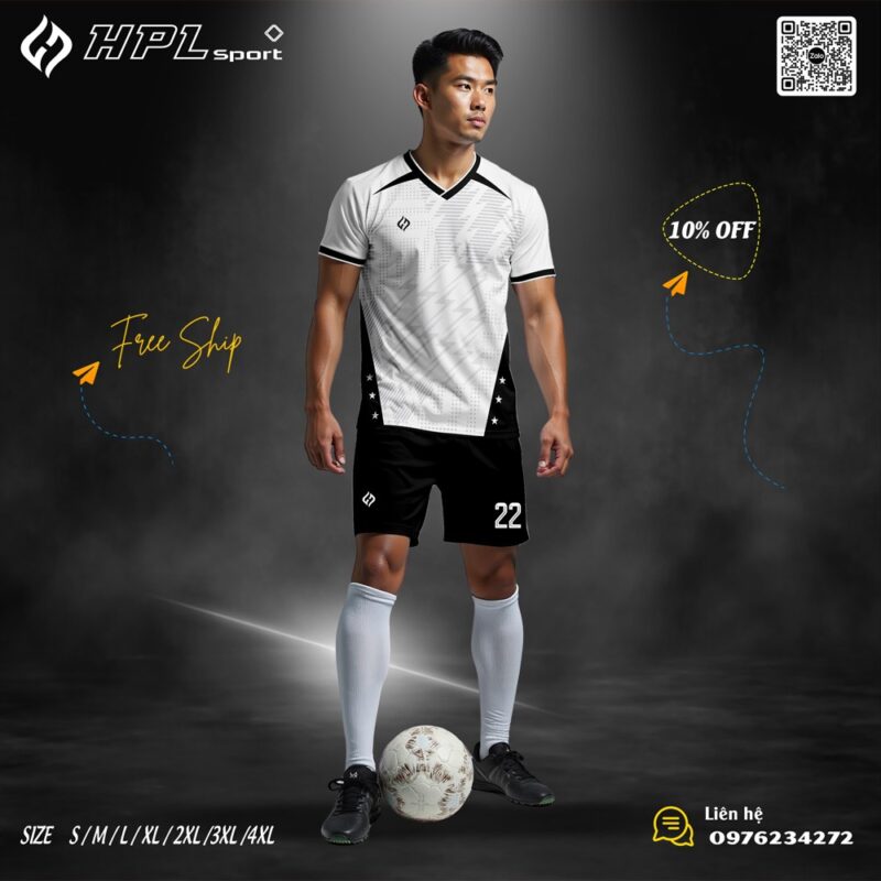 Đồng phục bóng đá trắng đen họa tiết sấm sét - HPL Exclusive