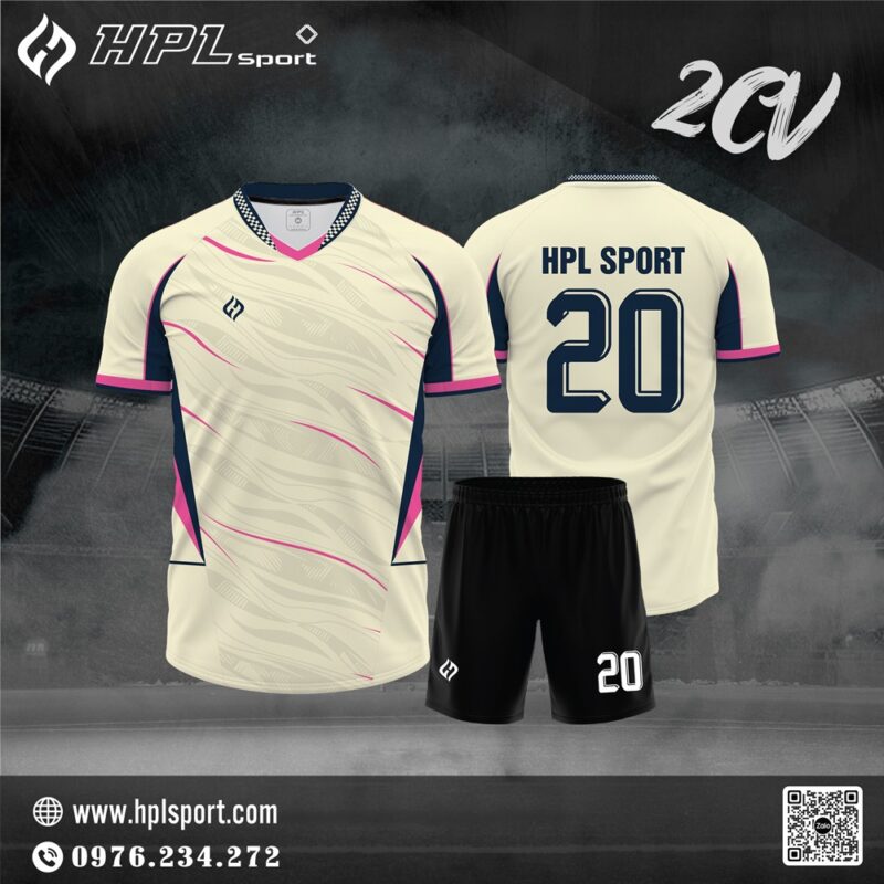 Đồng phục thể thao trắng ngà phối navy và hồng HPL Sport cao cấp