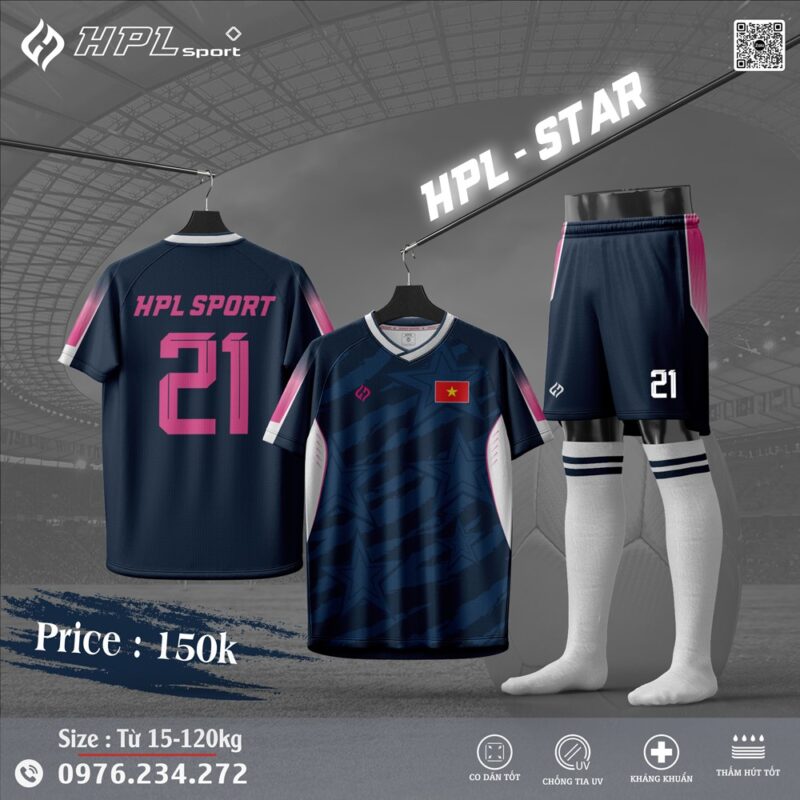 Áo đá banh HPL-STAR xanh navy phối hồng neon