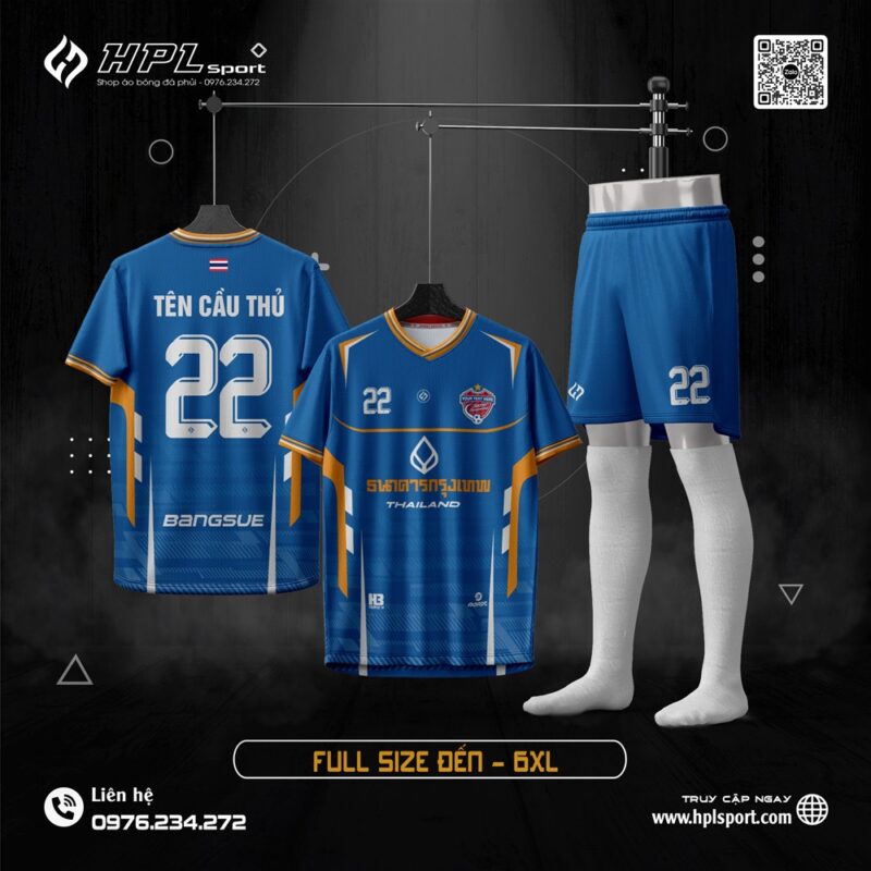 Đồng phục bóng đá xanh dương đậm phối cam nổi bật độc quyền HPL Sport