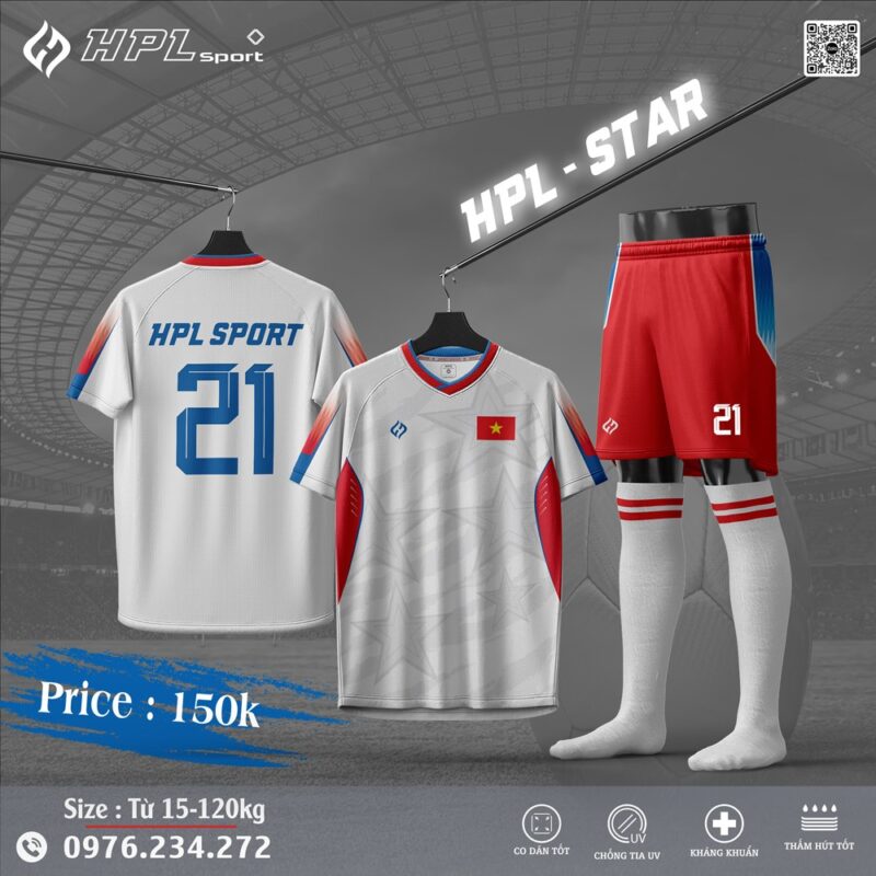 Bộ đồ thể thao HPL-Star trắng phối đỏ xanh – Tự hào phong cách Việt
