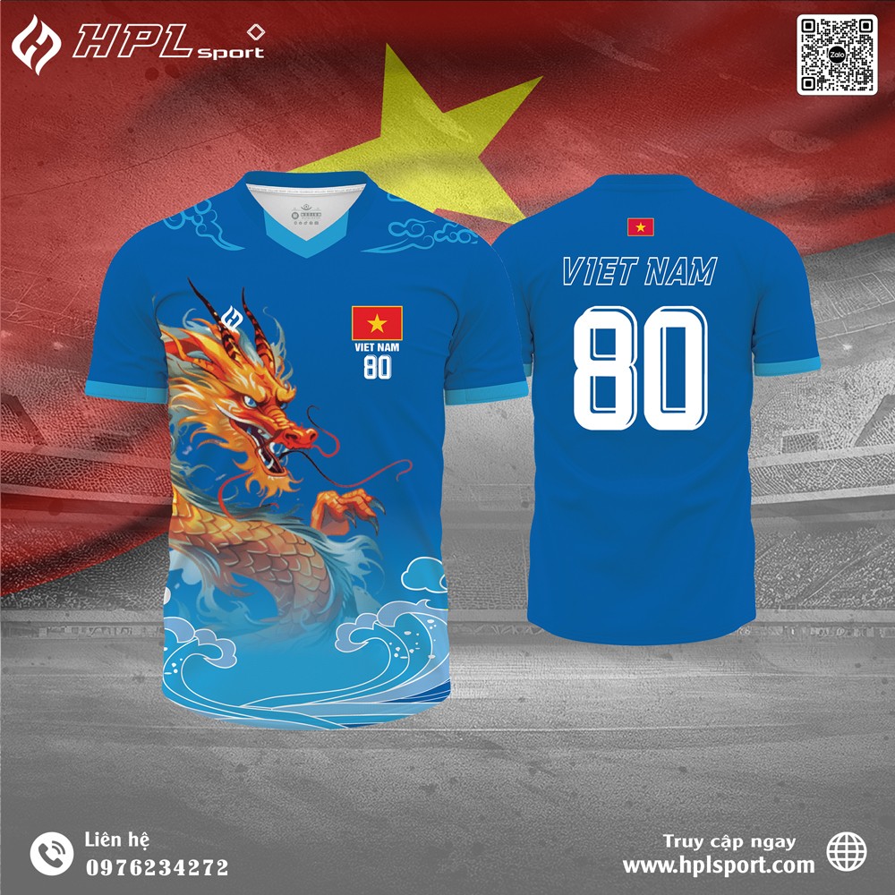 Áo thể thao HPL Sport in rồng vàng trên nền xanh dương nổi bật - Hình ảnh sản phẩm thực tế