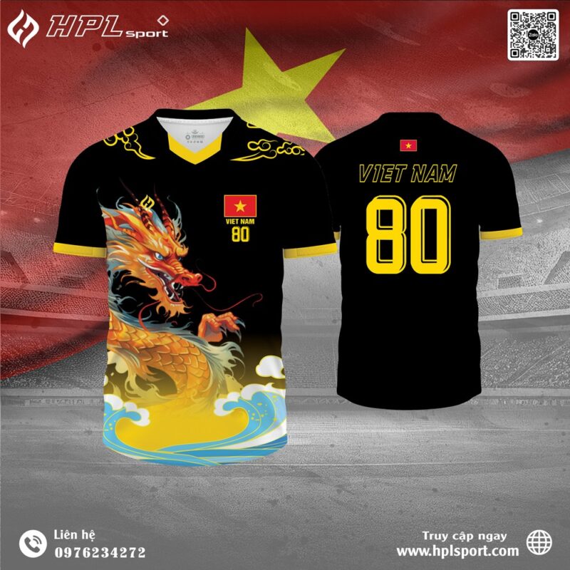 Áo bóng đá nam màu đen in hình rồng mạnh mẽ – Thể hiện khí chất Việt