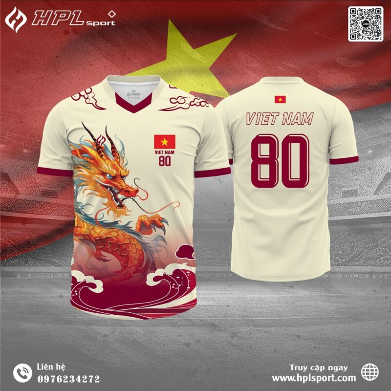 Áo Bóng Đá Việt Nam Trắng Ngà - Họa Tiết Rồng Vàng Đỏ Nổi Bật