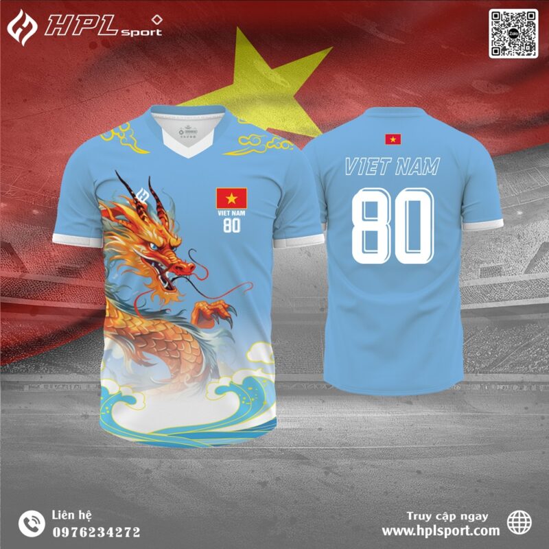 Áo Bóng Đá Việt Nam Xanh Da Trời Nhạt - Rồng Vàng Oai Hùng