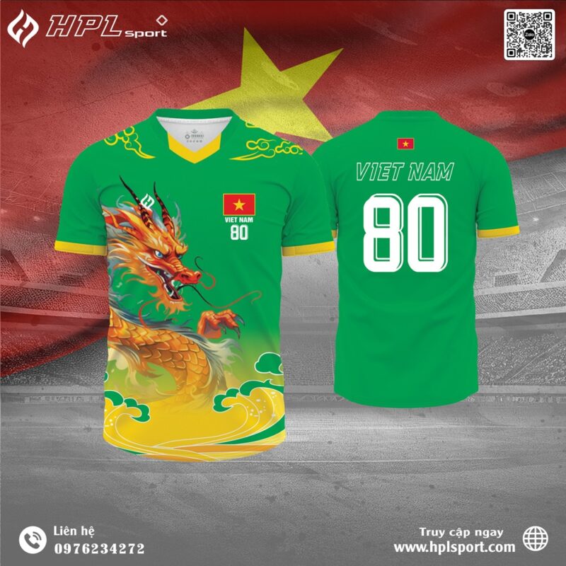 Áo Thể Thao Xanh Lục Hình Rồng & Cờ Việt Nam - Sức Mạnh Dân Tộc