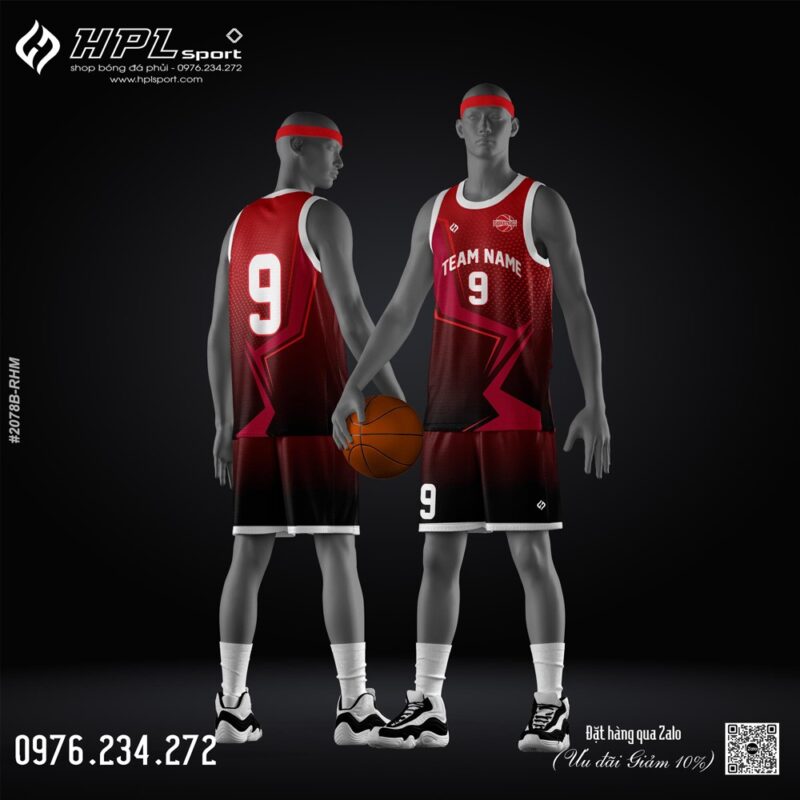 Đồng phục bóng rổ đỏ đen trắng thiết kế thủ công cực chất