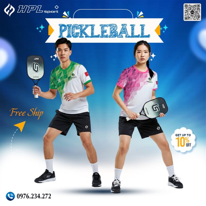 Áo Pickleball thời trang trắng phối xanh & hồng – Thiết kế thể thao unisex nổi bật